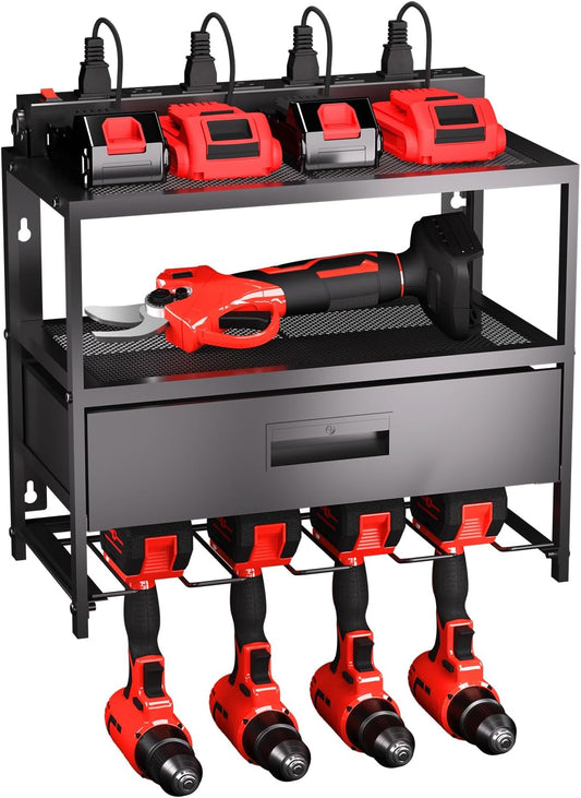 Veitorld Power Tool Organizer with Charging Station, Garage Tool Storage Organizer Built in 8 Outlet Power Strip with Drawers, 6 Drill Holder Wall Mount, Gifts for Men Dad Husband Him Fathers Day