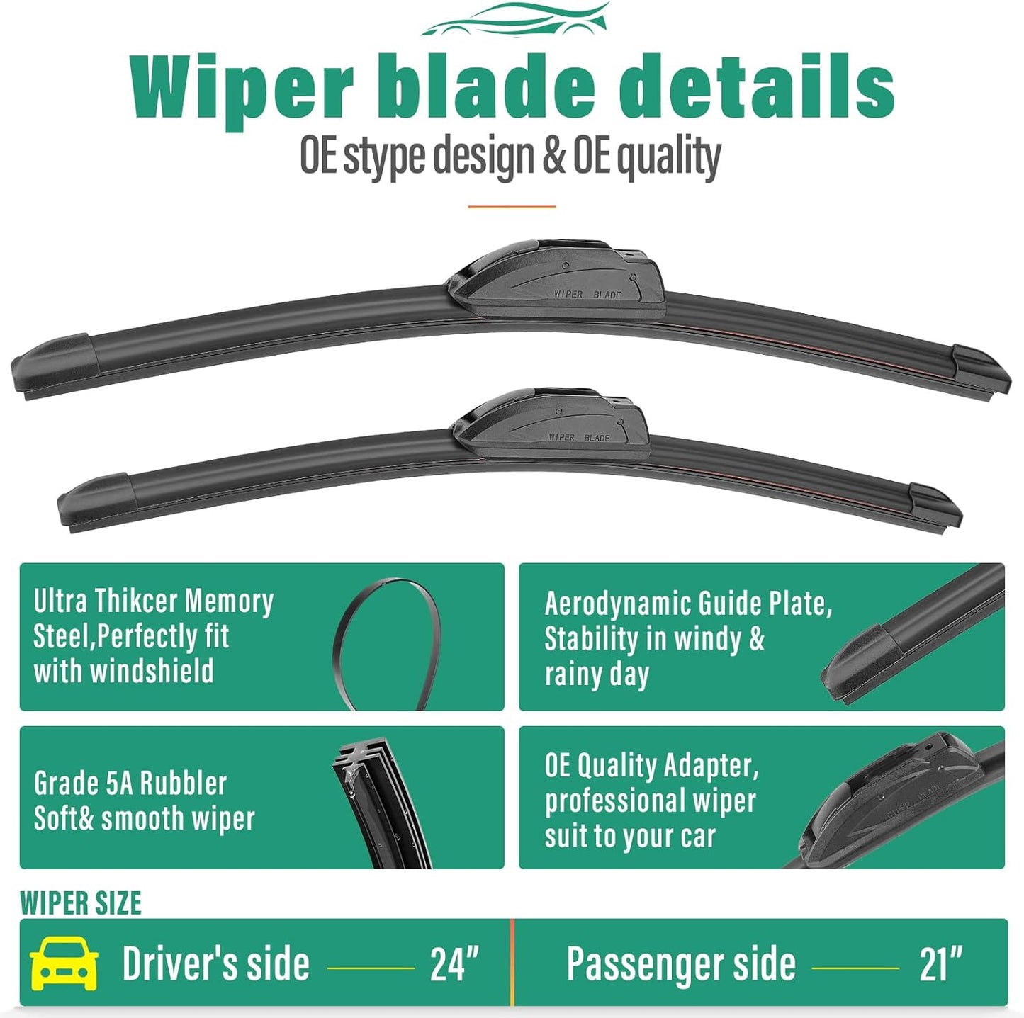 24" 21" 10" Windshield Wiper Blades Replacement for Mitsubishi Outlander Sport 2011-2024 Premium All Weather Front Rear Wipers Set - OEM Quality (Pack of 3)