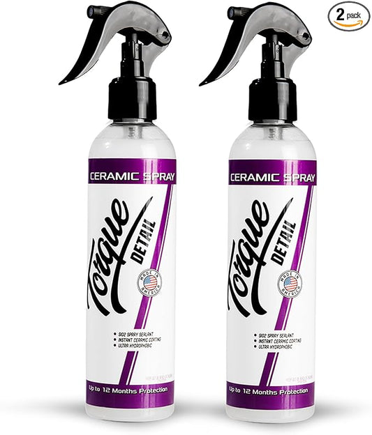 Torque Detail Ceramic Spray - Easy to Apply, Ceramic Coating Spray - Proprietary Silica Formula (Nano SiO2) Seals & Shields Car’s Clear Coat - Hydrophobic Protection & High-Gloss Shine (2-Pack 8 oz)
