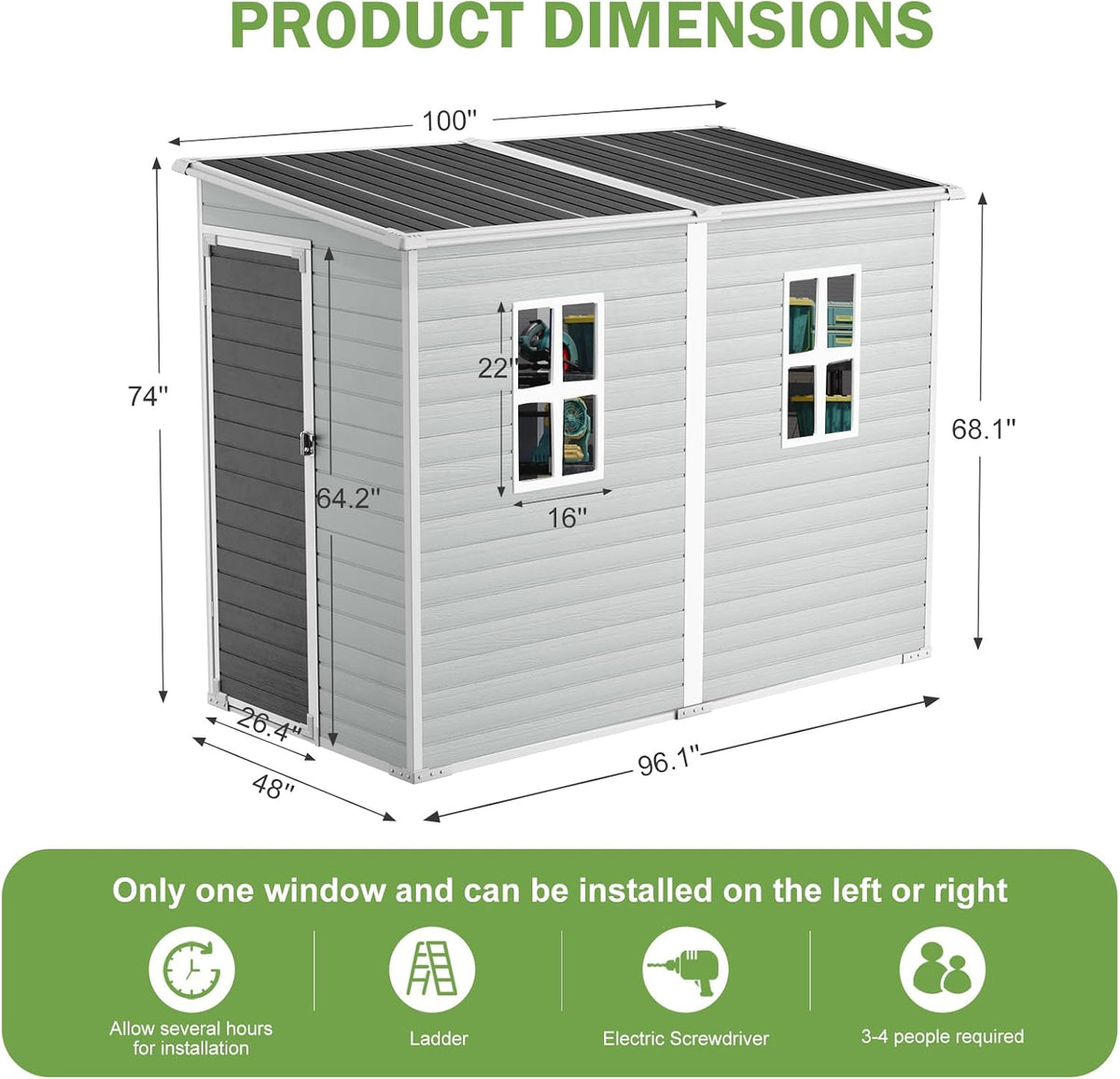 8x4x6 FT Resin Lean to Shed, Waterproof Outdoor Storage Shed with Floor, Window, Lockable Door & 2 Windows, Tool Shed for Patio Garden, Lawn, Backyard, Dove Grey