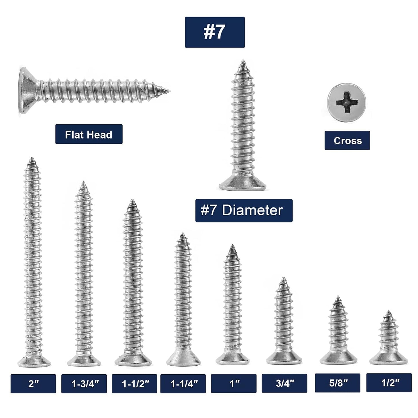 #7 x 1-1/2" Wood Screw 100Pcs 18-8 (304) Stainless Steel Screws Flat Head Phillips Fast Self Tapping Drywall Screws by SG TZH