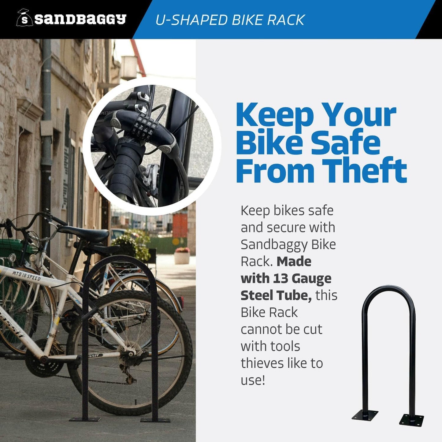 Sandbaggy Outside Bike Stand Floor - U Shaped & Commercial Standing Bike Rack - Premium Quality Galvanized Steel - Perfect Bicycle Floor Stand for Protection - Black, 14.5" x 34" - 1 Loop (20)