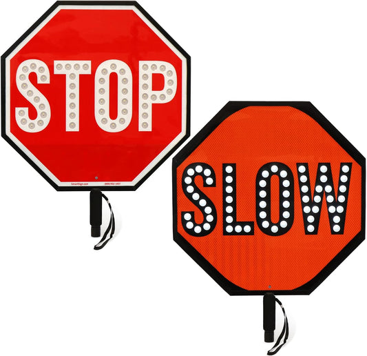 SmartSign 24" LED Stop/Slow Paddle, Rechargeable Battery & Charger, 2-Sided Reflective Hand Held Aluminum Sign with Strap, Steady/Flashing Light Modes, Foam-Padded Grip, 1-Pack