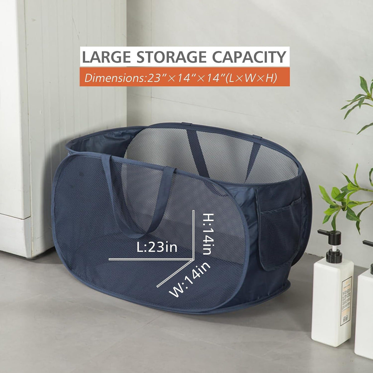 HONOMA Sturdy Mesh Laundry Hamper Basket Bag,Pop up Basket with Side Pocket for Laundry Room, Bathroom, Kids Room, College Dorm or Travel (Pop Horizontal, Beige)