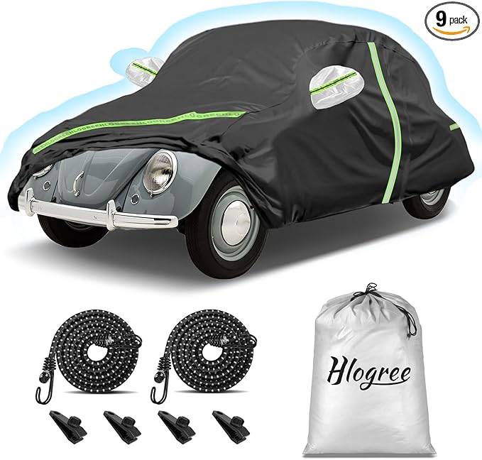 Car Cover for 1960-1980 Beetle Bug Sedan 2-Door,Full Exterior Car Covers for Automobiles All Weather Waterproof Heavy Duty,Zipper/Cotton Design Rain Snow Sun Winter UV Proof【210T Taffeta】- Black