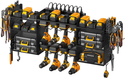 CCCEI Black Large Tools Organizer Wall Mount Charging Station, 39 Inch Long Power Tool Battery Storage Rack with 10FT Power Strip. 8 Drill Holder, Garage Utility Shelves. Pegboard Hanging Extension.