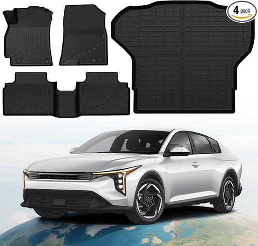 Floor Mats & Cargo Mat Custom Fit for KIA K4 2025 Accessories All-Weather TPE Car Mats and Anti-Slip Trunk Mat Fit for KIA K4 2025 1st 2nd Row & Trunk Liner Full Set, Set of 4 Mats Black