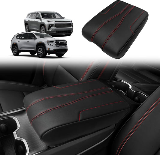 Muslogy Armrest Cover Center Console Cover Compatible with 2024 2025 GMC Acadia & Chevrolet Chevy Traverse Accessories Vegan Leather Arm Rest Middle Console Protector (Black/Red Stitching)