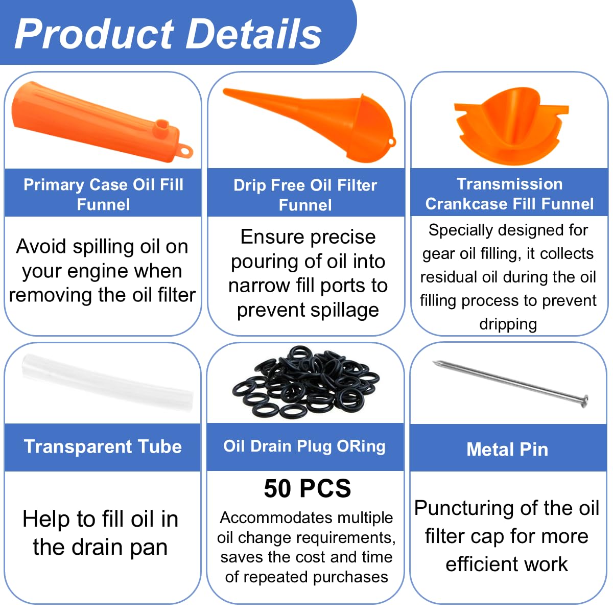 Oil Change Kit for Harley Tool, Oil Filter Wrench, Oil Funnels Set, Motorcycle Primary Case Oil Funnel, 50PCS 11105 Drain Plug O-Ring for Harley Davidson Accessories