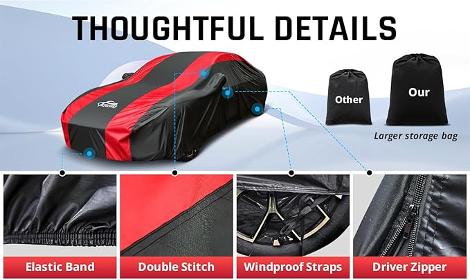 Full Exterior Covers with Red Stripe Design,Sedan Car Cover for Waterproof Universal Fit Toyota Corolla Prius, Ford Focus Sedan, Hyundai Elantra, Kia Forte, Nissan Sentra, VW Jetta