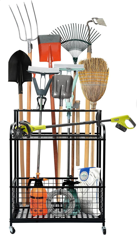 Heavy Duty Garden Tool Storage and Organizer, Yard Tool Organizer with Wheels, Thickened Metal Large Tool Organizers and Storage for Garage, Shed, Outdoor
