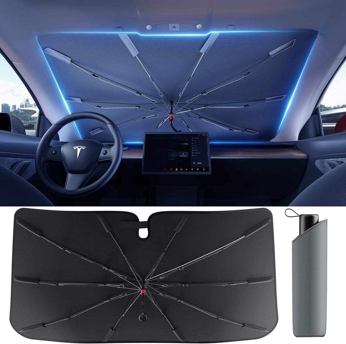 [Updated Version] Car Windshield Sun Shade, [Effective Keep Cool] Spring Structure Umbrella Sunshade for Cars Windshield, Protect from Sun Rays, Heat Damage and Protect Interior