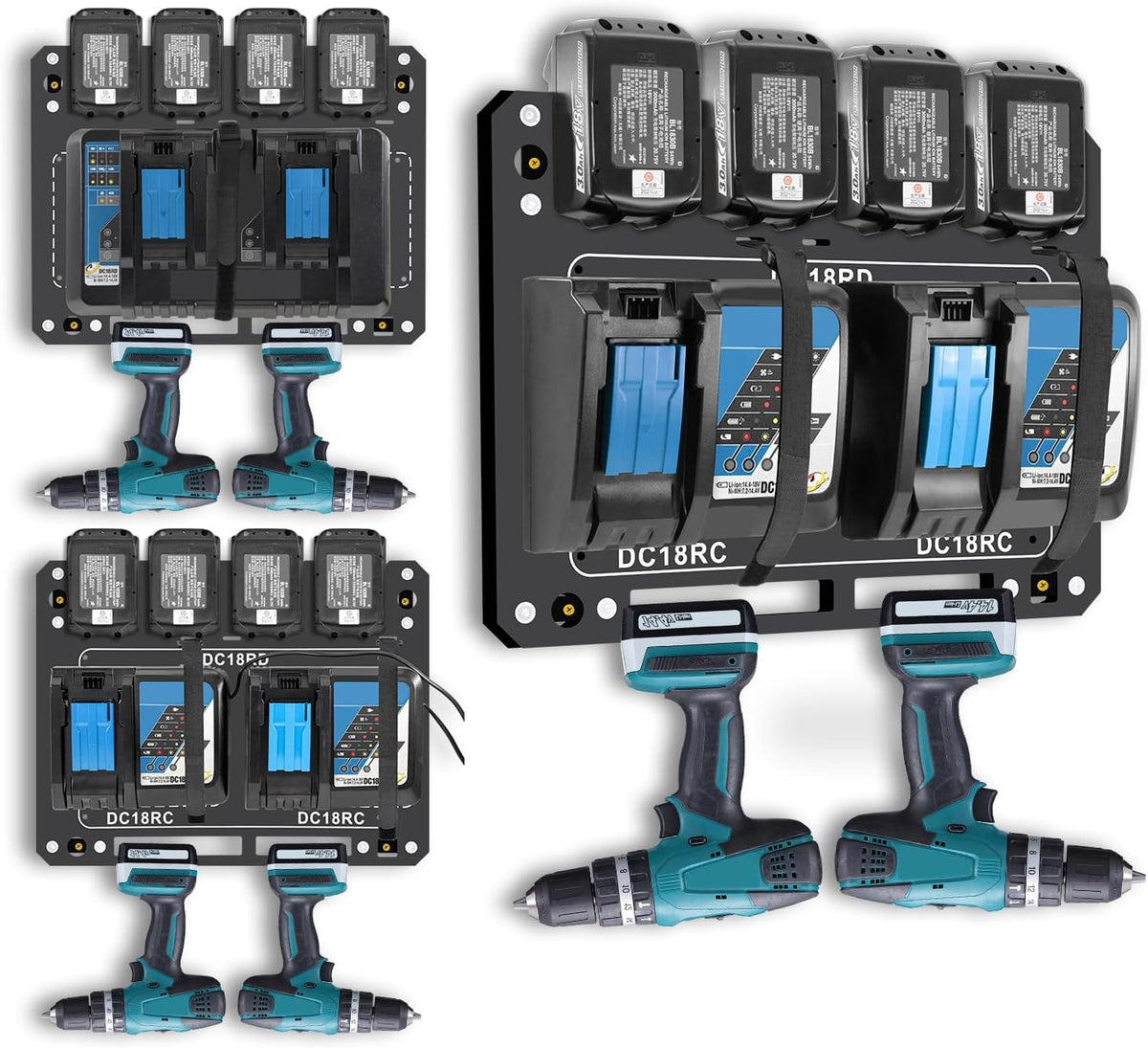 Charger Mount for Makita DC18RC, DC18RD Charger, Wall Mount for Makita 4X 14.4V/18V Batteries and 2 Drilling Screwdrivers, Heavy-Duty Garage Workshop Organization