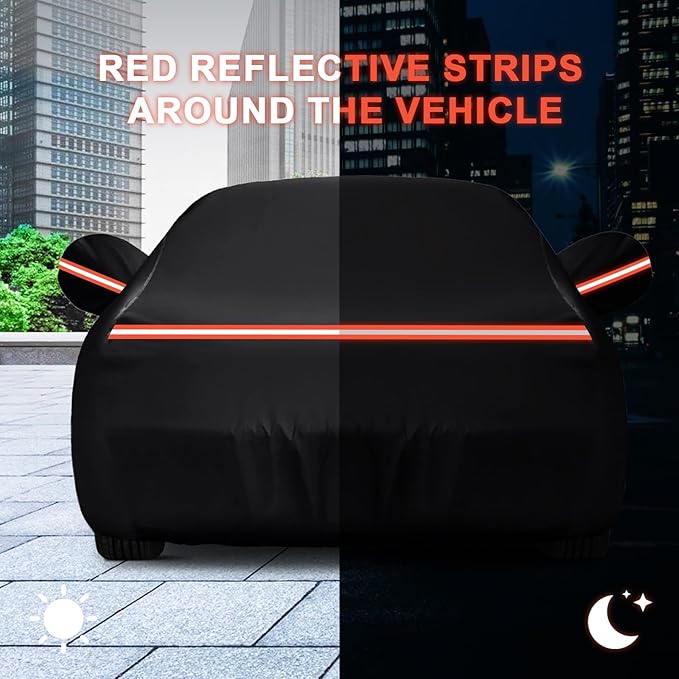 QUNSUNUS Waterproof Car Cover for Ford Mustang 1979-1993, Outdoor Car Covers with Zipper, All Weather Full Exterior Cover with Straps and Elastic Edges for Wind, Sun, UV and Dust Protection