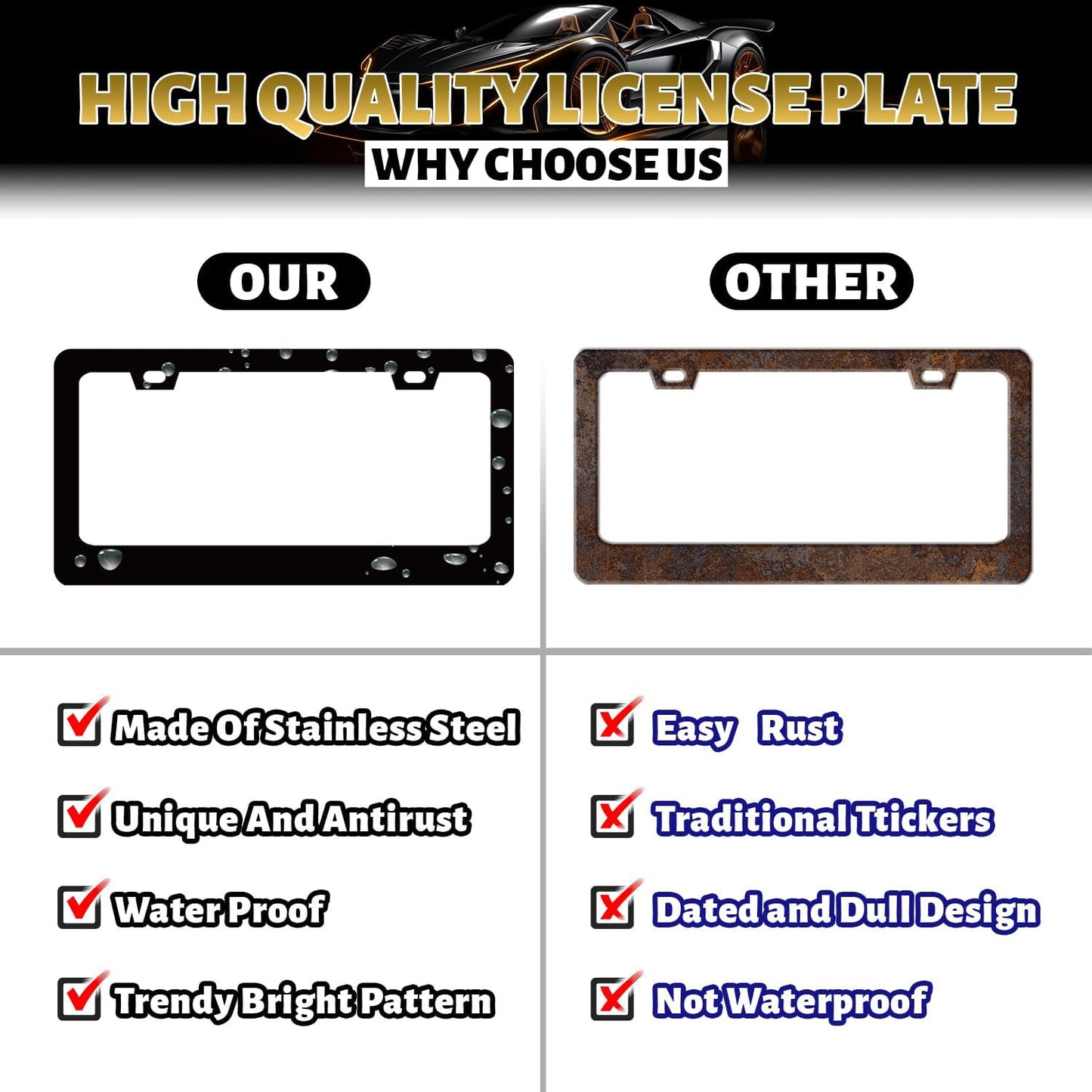 Black White American Flag License Plate Frame Patriotic USA Flag License Plate Stainless Steel Funny Black Accessories Cars Decor 12.2 X 6.2 Inch with 2 Holes and Screws Fits Standard Us Ca Vehicles