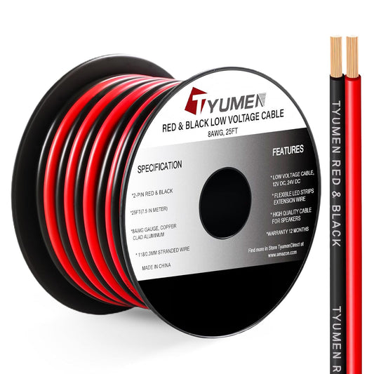 8 Gauge Wire 25FT, 8AWG Red Black Electrical Wire LED Strips Extension Cord 12V/24V DC Cable, 8 AWG 2 Conductors Flexible Low Voltage Wire for in-Home, Autos, Speaker use