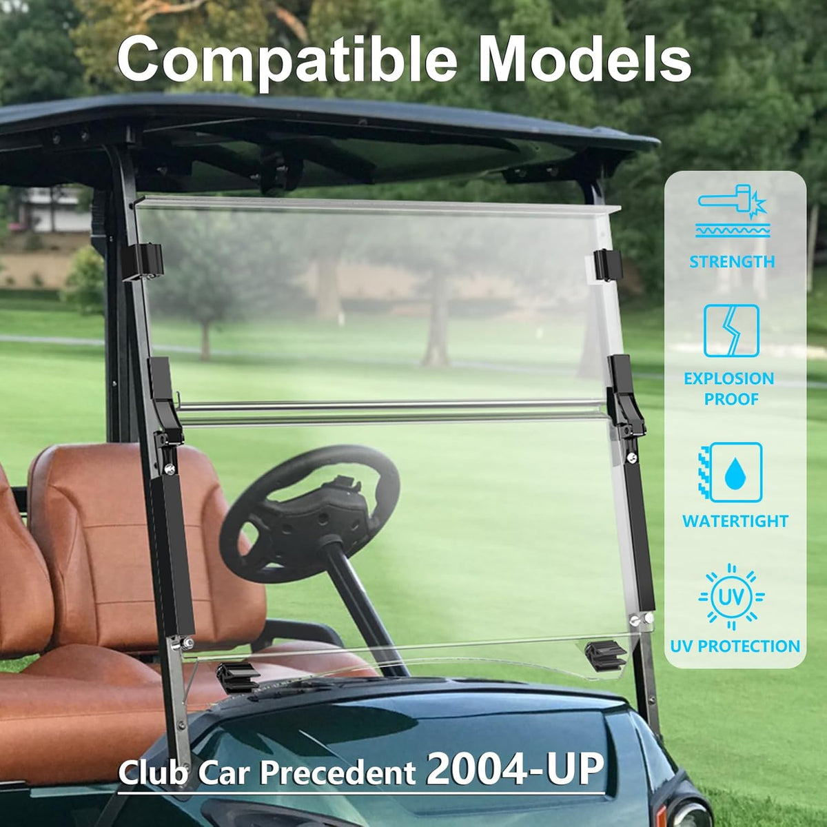 Upgraded Club Car Precedent Windshield,Golf Cart Windshield for Precedent/Tempo/Onward (2004-Up)– Heavy Duty Hinges, Foldable, Anti-UV & Impact Resistant, 5MM Thick PC Material, 37.6"W X 33.2"H