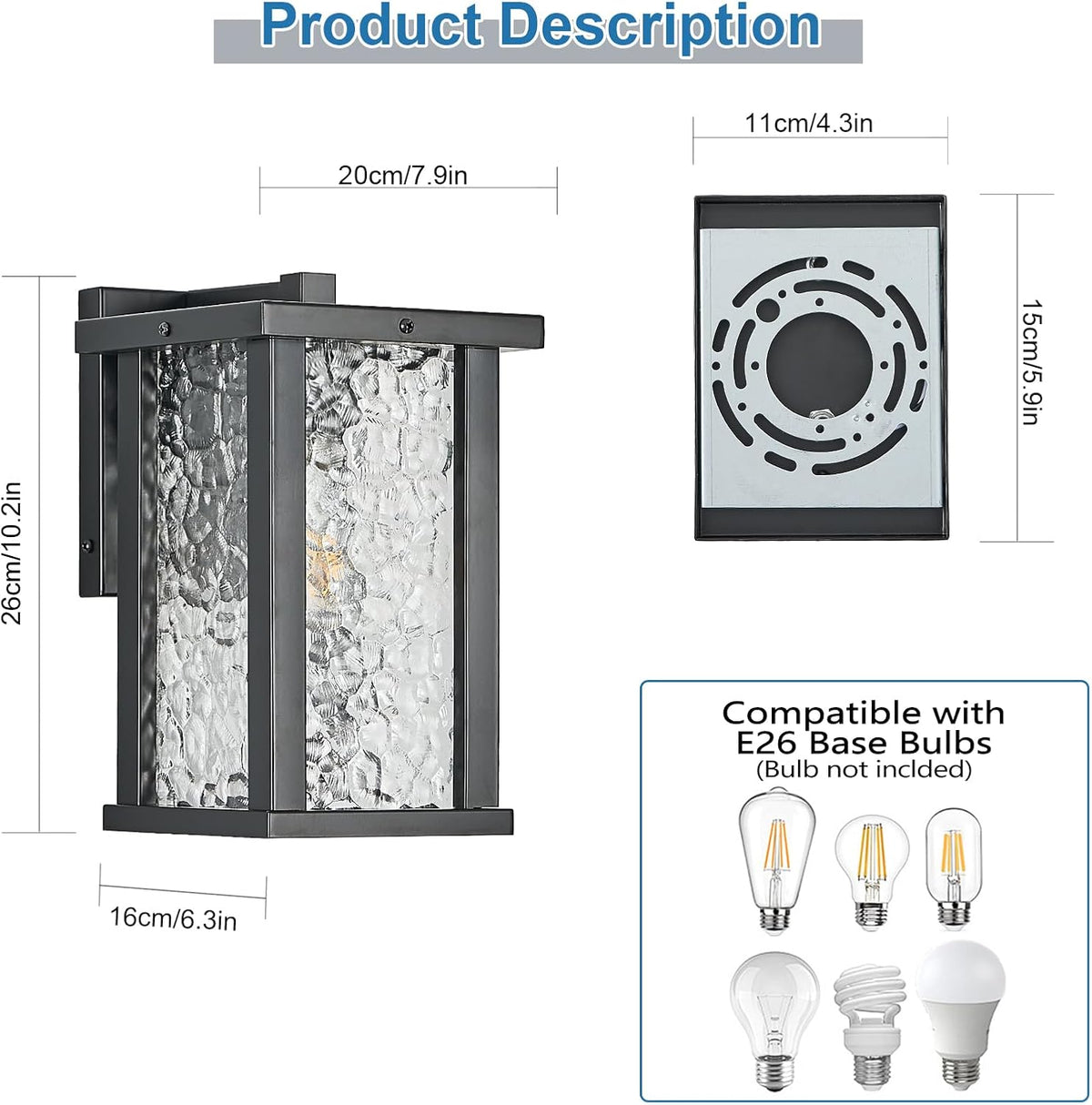 Outdoor Wall Sconce E26 Base Metal Frame - Black Exterior Light Fixture with Clear Glass, Waterproof Porch Wall Mount Lighting for Garage, Patio(Bulb not Included)