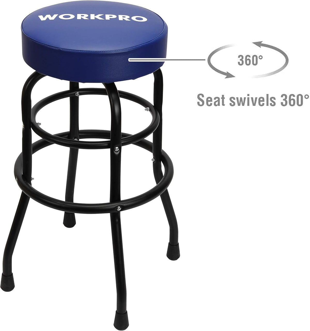 WORKPRO W112003 Garage Shop Stool, Heavy-Duty Steel Construction Garage Stool, Swivel Cushion Seat, Black Powder Coated Legs & Footrest (Single Pack)