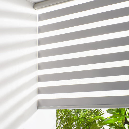Persilux Cordless Zebra Blinds for Windows Free-Stop Roller Window Shades (70" W X 64" H, Grey) Dual Layer Light Control for Day and Night, Light Filtering Sheer Shades for Home, Easy to Install