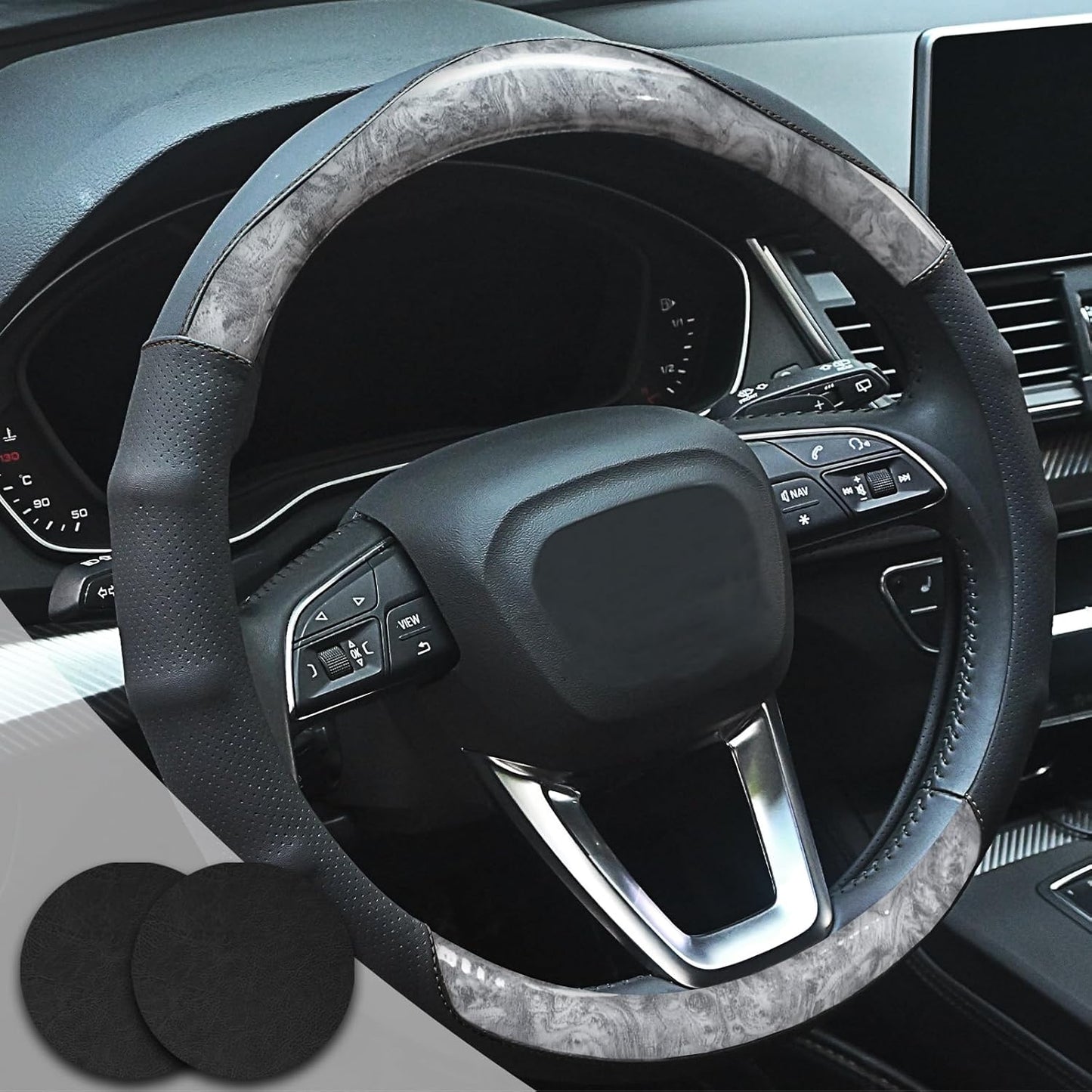 Wood Grain Steering Wheel Cover Gray Car Steering Wheel Covers 14.5-15 inch with Coasters Microfiber Leather Splicing Breathable Anti-Slip Durable Universal Auto Steering Wheel Protective
