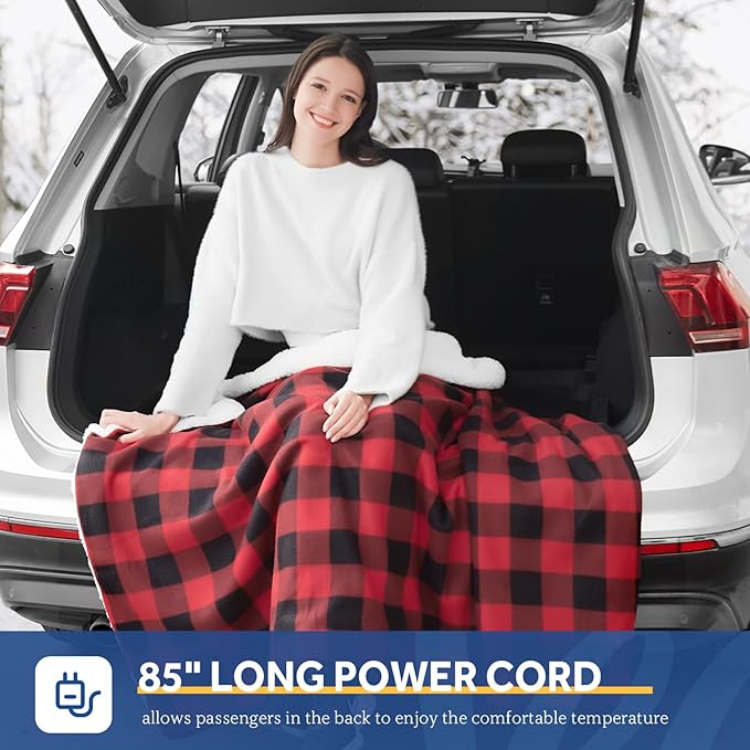Sealy 12-Volt Heated Car Blanket, Portable Electric Blanket with 3 Heating Levels & 4 Hours Auto Off for Car, Truck, SUV, RV or Camping, Machine Washable, 59" X 43", Plaid