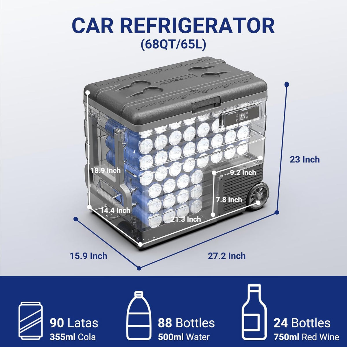 BODEGACOOLER 12 Volt Car Refrigerator,68Quart(65L) Camping Fridge,RV Portable Freezer Single Zone,with APP Control,-4℉-68℉ Car Cooler,12/24V DC and 100-240V AC,for Travel,Truck,Outdoor,Vehicles
