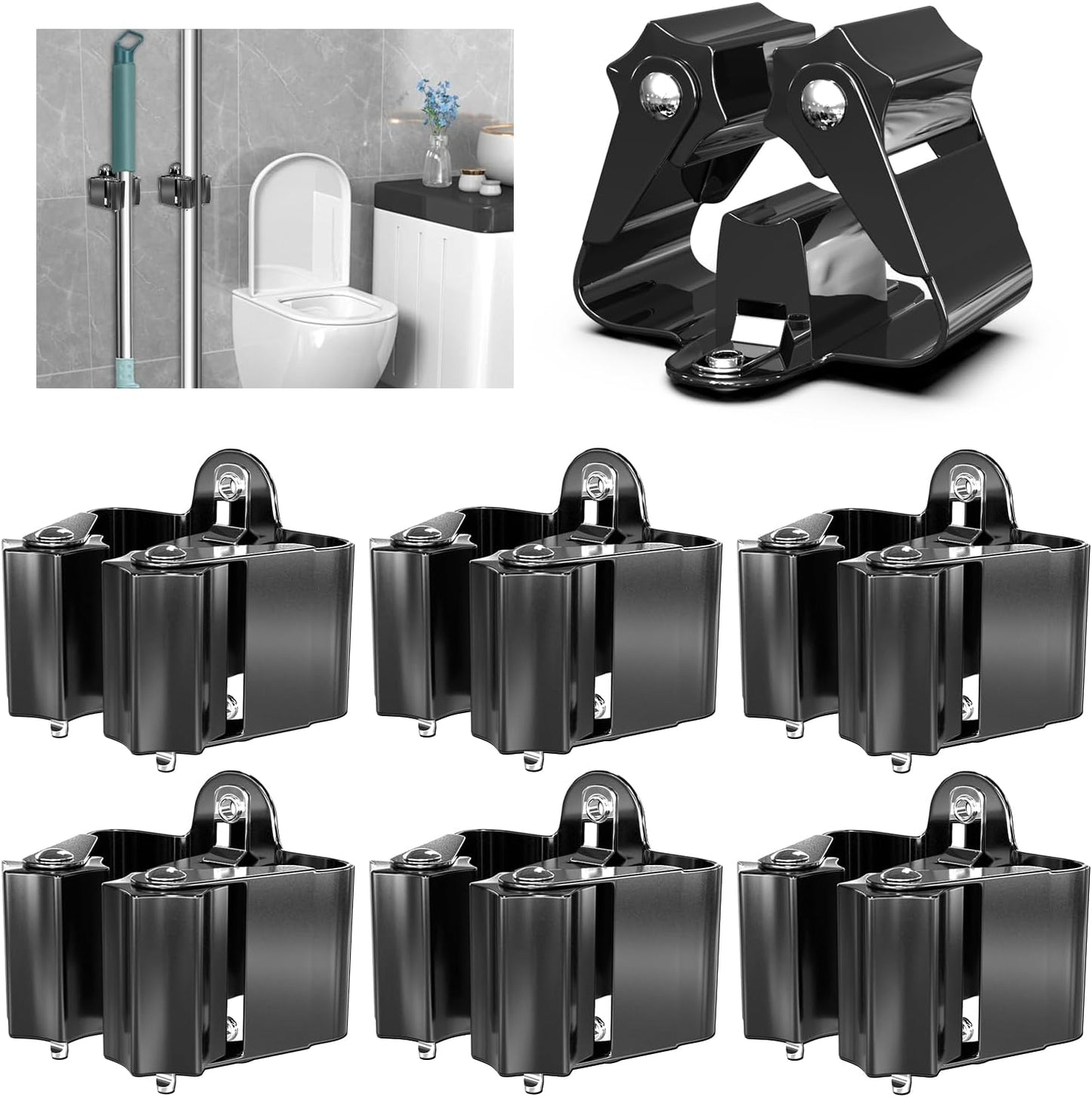 3-H Stainless Steel Broom Holder Wall Mount 6-Pack- Heavy Duty Mop Organizer, Wall Mounted Broom Storage with Secure Mounting for Kitchen Laundry Garage Bathroom (Space Saving)
