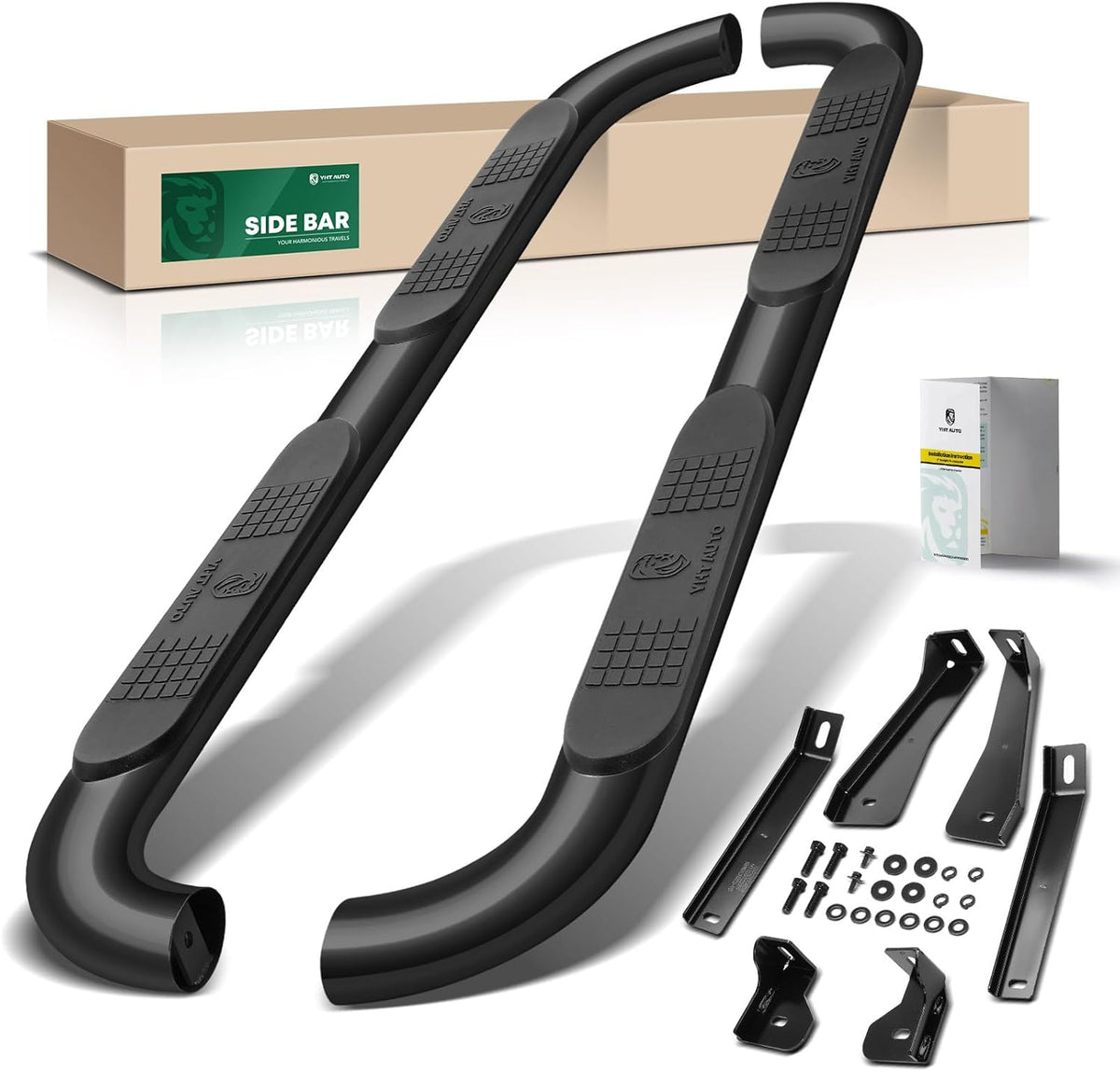 YHTAUTO 4 Inch Running Boards Side Steps Compatible with Chevy Silverado & GMC Sierra 1500/2500 HD/3500 HD 2019-2024, Crew Cab, Oval Bent Ends Carbon Steel Black Powder, Truck Cab Side Step Rails