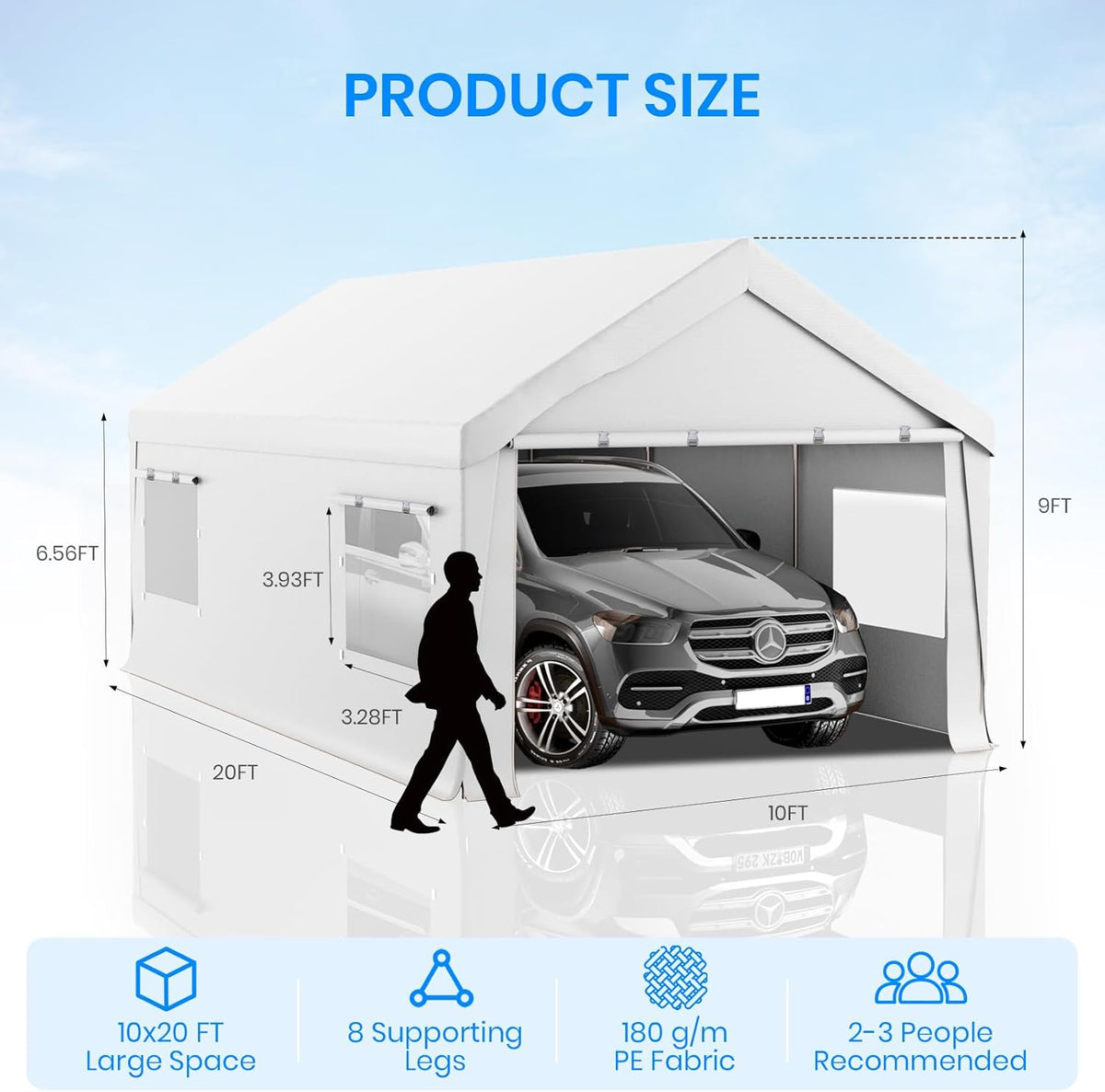 Carport 10x20 FT Heavy Duty, Outdoor Portable Garage with Removable Sidewalls & Doors, Waterproof, UV-Resistant Canopy Shelter for Vehicles, Boats, RVs, Trucks, All-Season Car Port,White