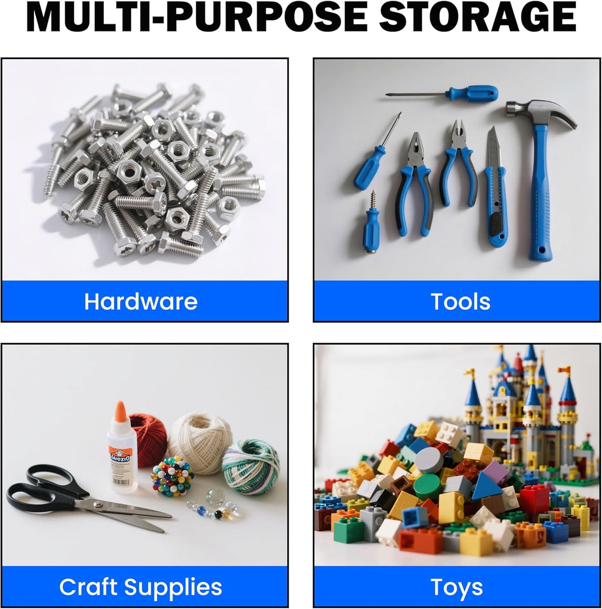 Ultrawall Wall Mounted Storage Bins, Plastic Hanging Storage Organizer Bins, Garage Tool Storage System for Screws, Nuts, Bolts, Nails, and Small Hardware Parts, 16x bins & 4 x rails, Blue