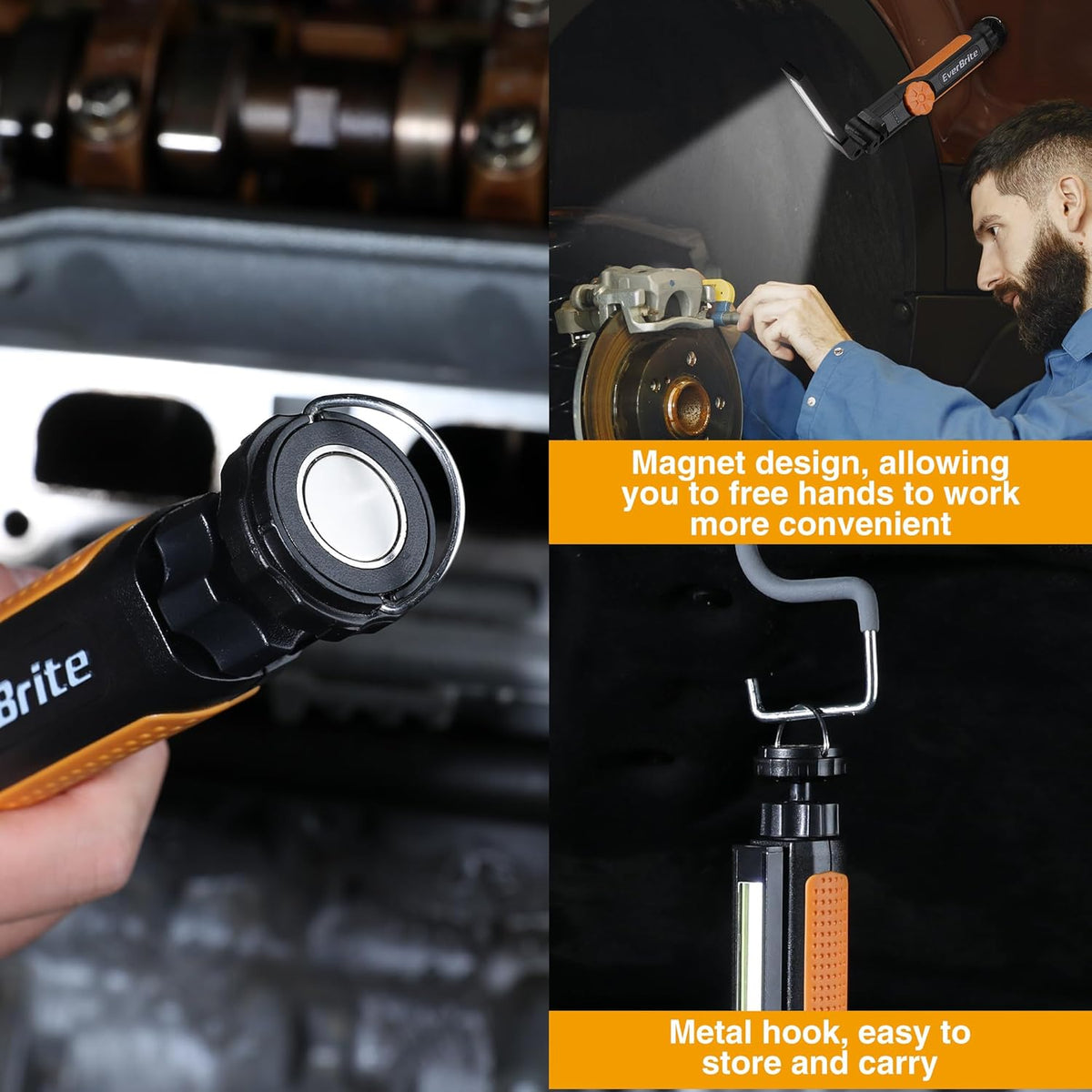 EverBrite LED Rechargeable Work Light, 800LM COB Foldable Flashlight, Magnetic Work Lights with Hanging Hook, 360° & 270° Rotation, 4 Power Indicator Lights - for Car Repair, Home, Emergency