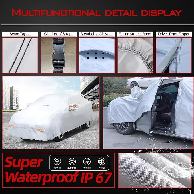 30 Layers Heavy Duty SUV Car Cover for Automobiles All Weather Waterproof, Outdoor Snowproof UV Protection Windproof, Door Zipper, Soft Cotton Universal Car Covers (Silver, Fit SUV 181"-190")
