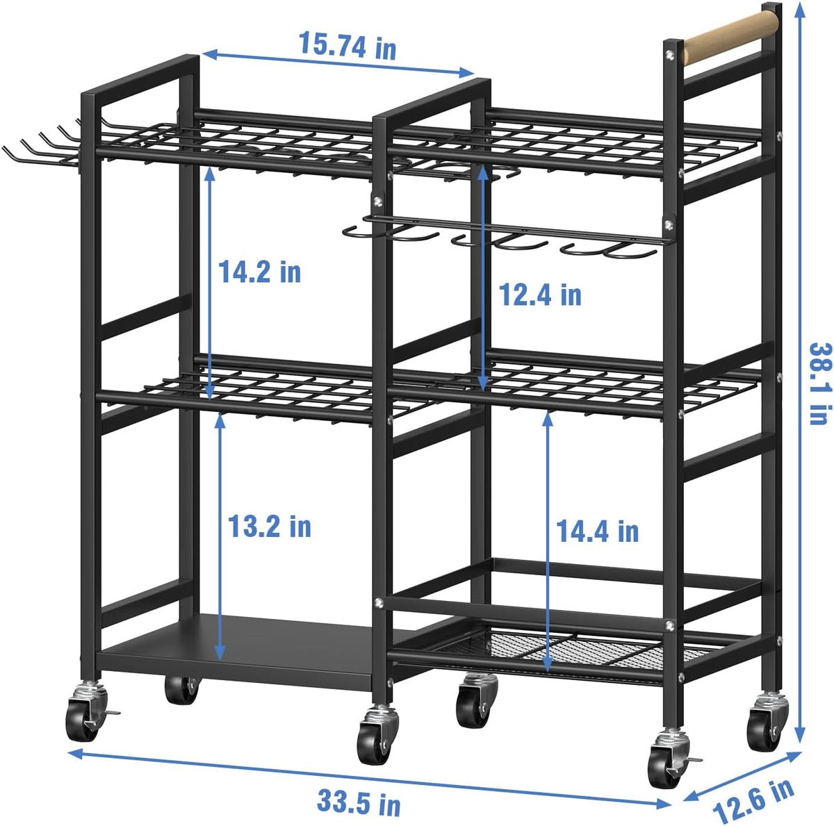 NADAMOO Garden Tool Organizer with Rolling Wheel, 3-tier Metal Shelf Yard Tool Holder, Utility Stand Rack for Garage Organization and Storage, Hold Long-Handled Rakes, Shovel, Broom