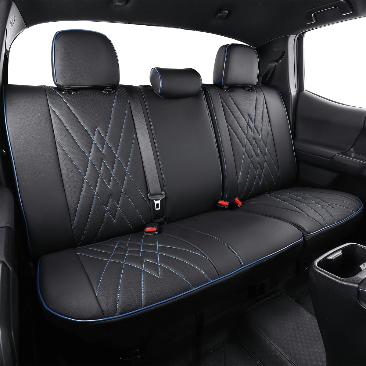EKR Custom Fit Tacoma Car Seat Covers for Select Toyota Tacoma 2016 2017 2018 2019 2020 2021 2022 2023 Access Cab -Full Set,Leather (Black with Blue Trim)