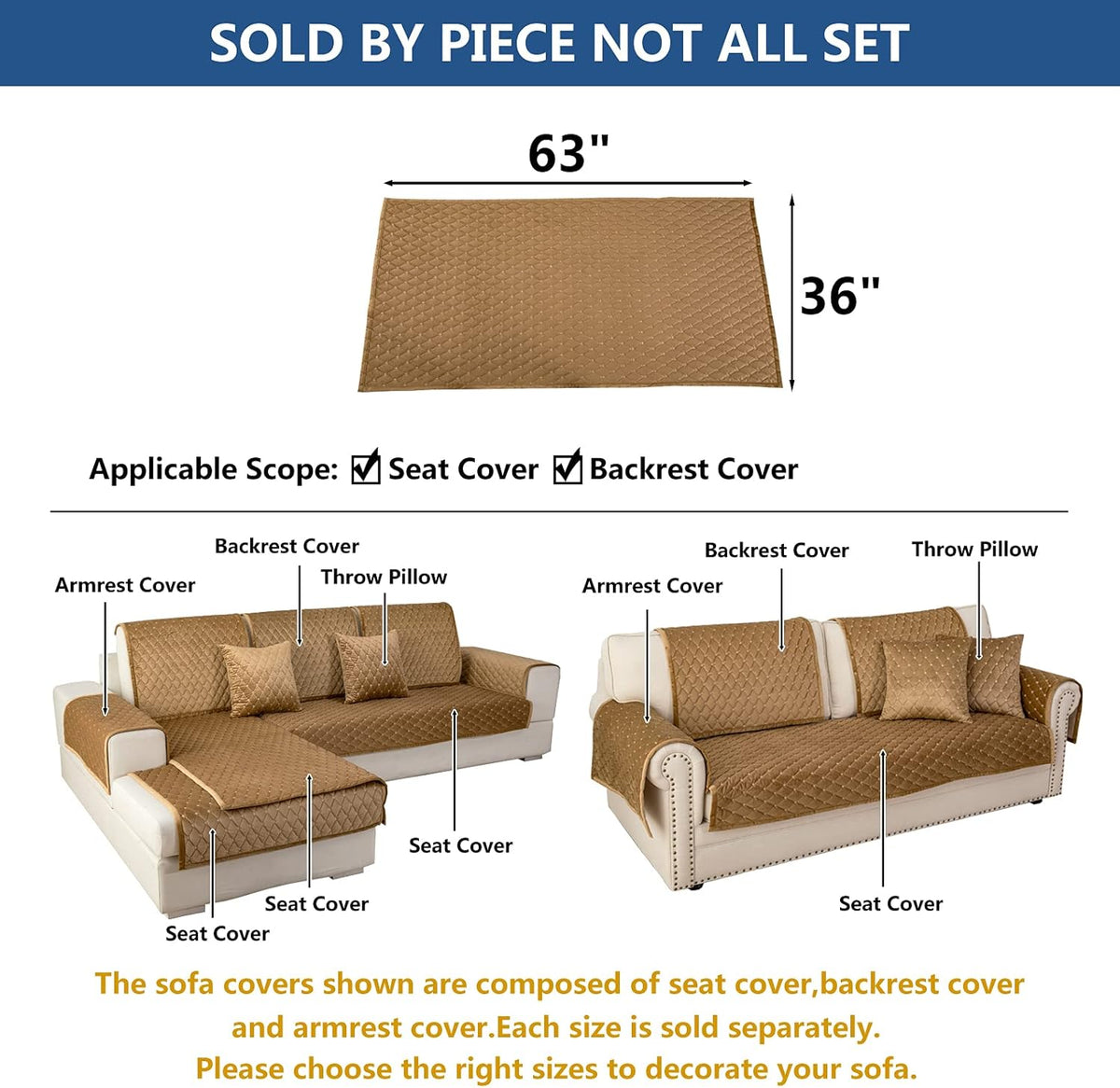 Eismodra Couch Cover,Sectional Couch Covers,Sofa Covers for 3 Cushion Couch,Anti-Slip Sofa Slipcovers for Dogs Cats Kids Loveseat Recliner L Shaped Armrest Backrest,Coffee 36''x63''(Only 1 Piece)