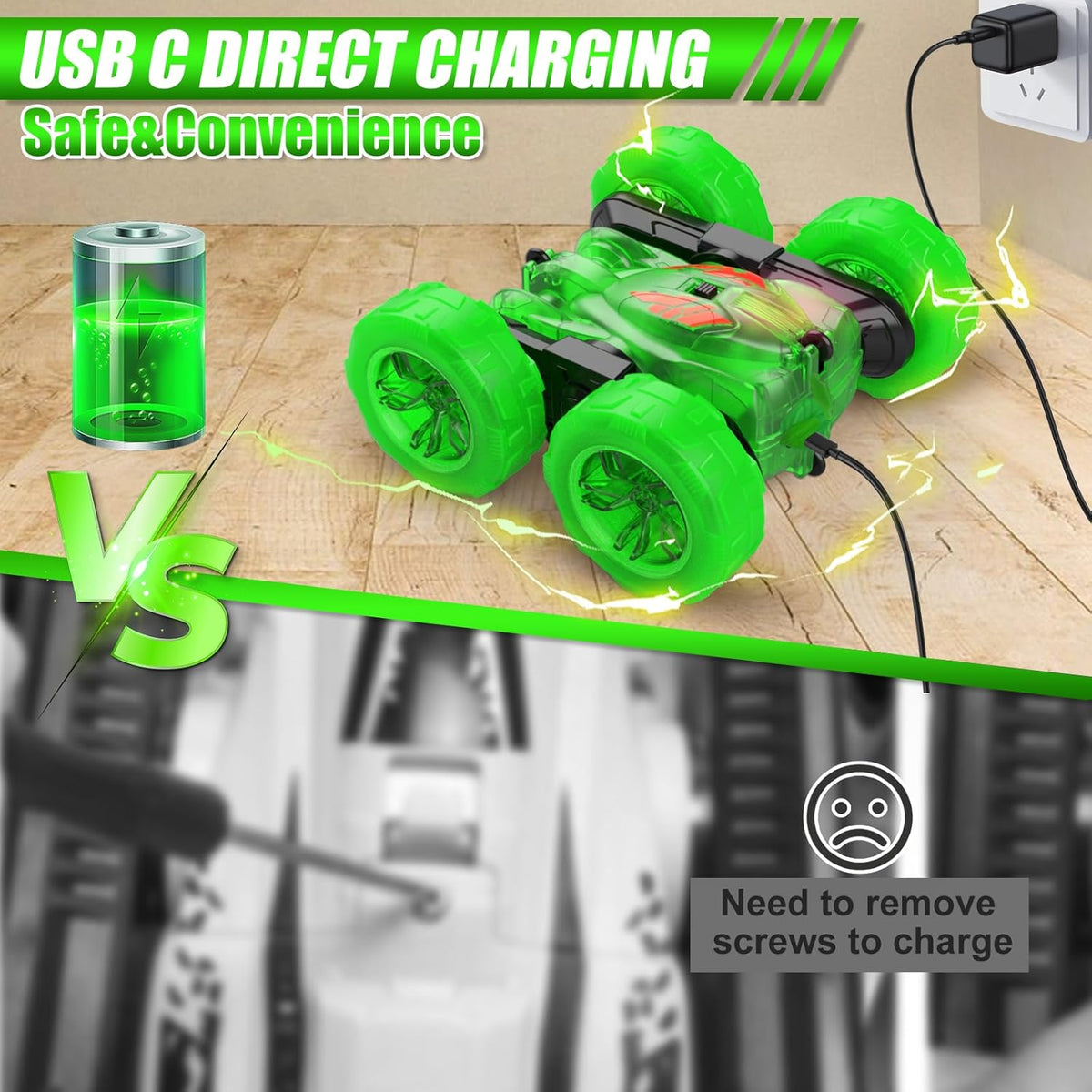 Remote Control Car-Rechargeable Fast Direct Charging RC Cars For Kids with Colorful Light,Double-Sided 360° Rotating RC Stunt Car 4WD RC Truck Car Toys for Ages 5-7 Gift for Boys Girls Aged 8-12 Green