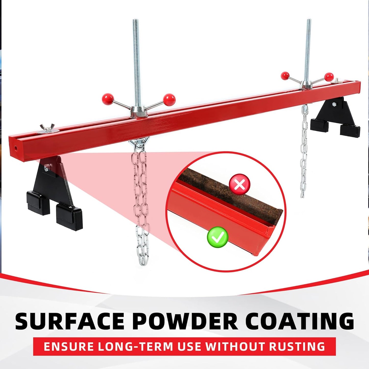 KUAFU Engine Support Bar 1100lbs Capacity Motor Transverse Bar with 2 Points Lift Holder Dual Hook Cross Hoist Engine Hoist for Home Garages & Auto Repair Shop