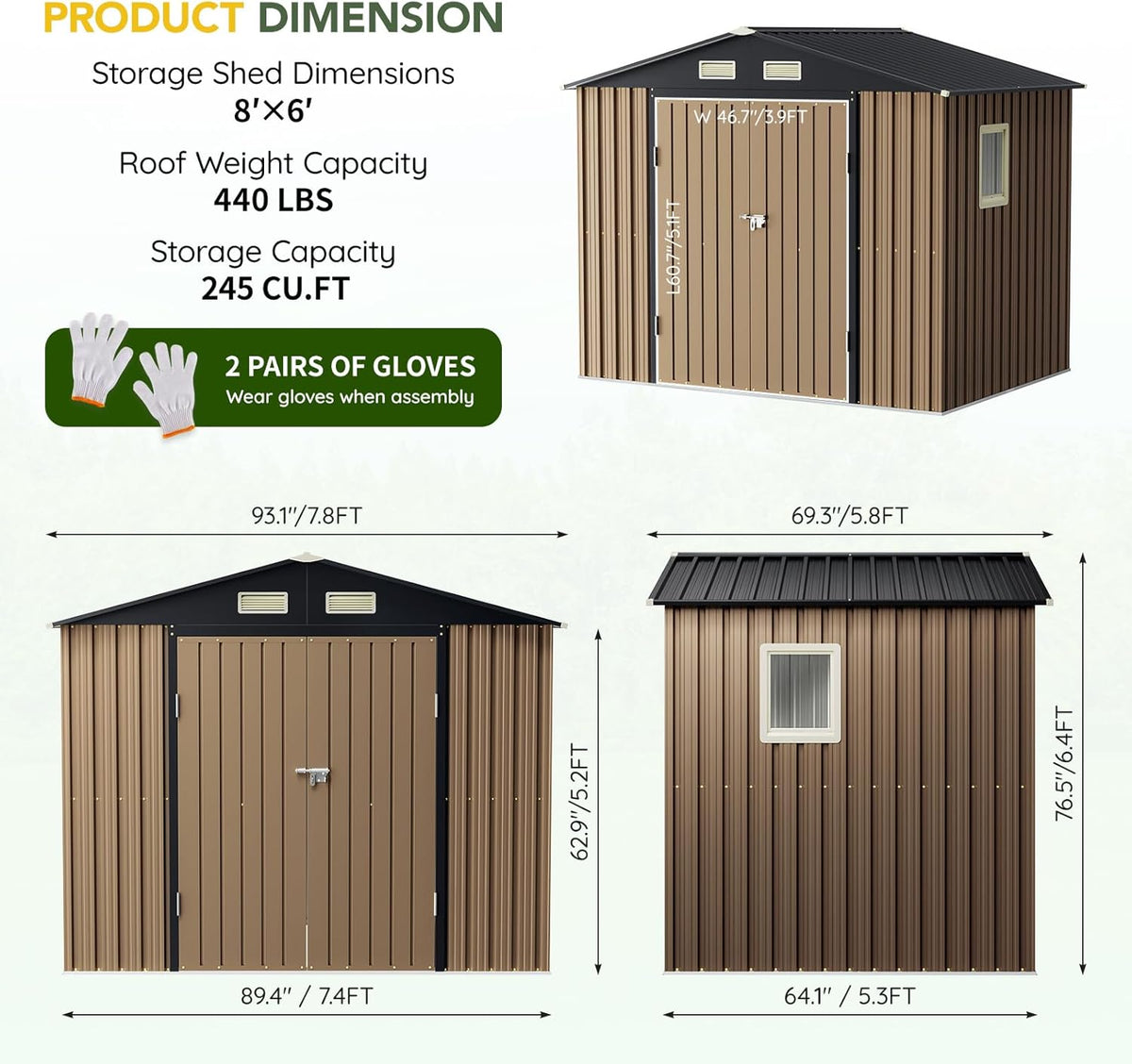Breezz 6X8FT Outdoor Steel Storage Shed with Clear Window, Lockable Doors, Weather-Resistant Metal Tool Shed for Garden, Backyard, Patio, and Utility Storage.Brown