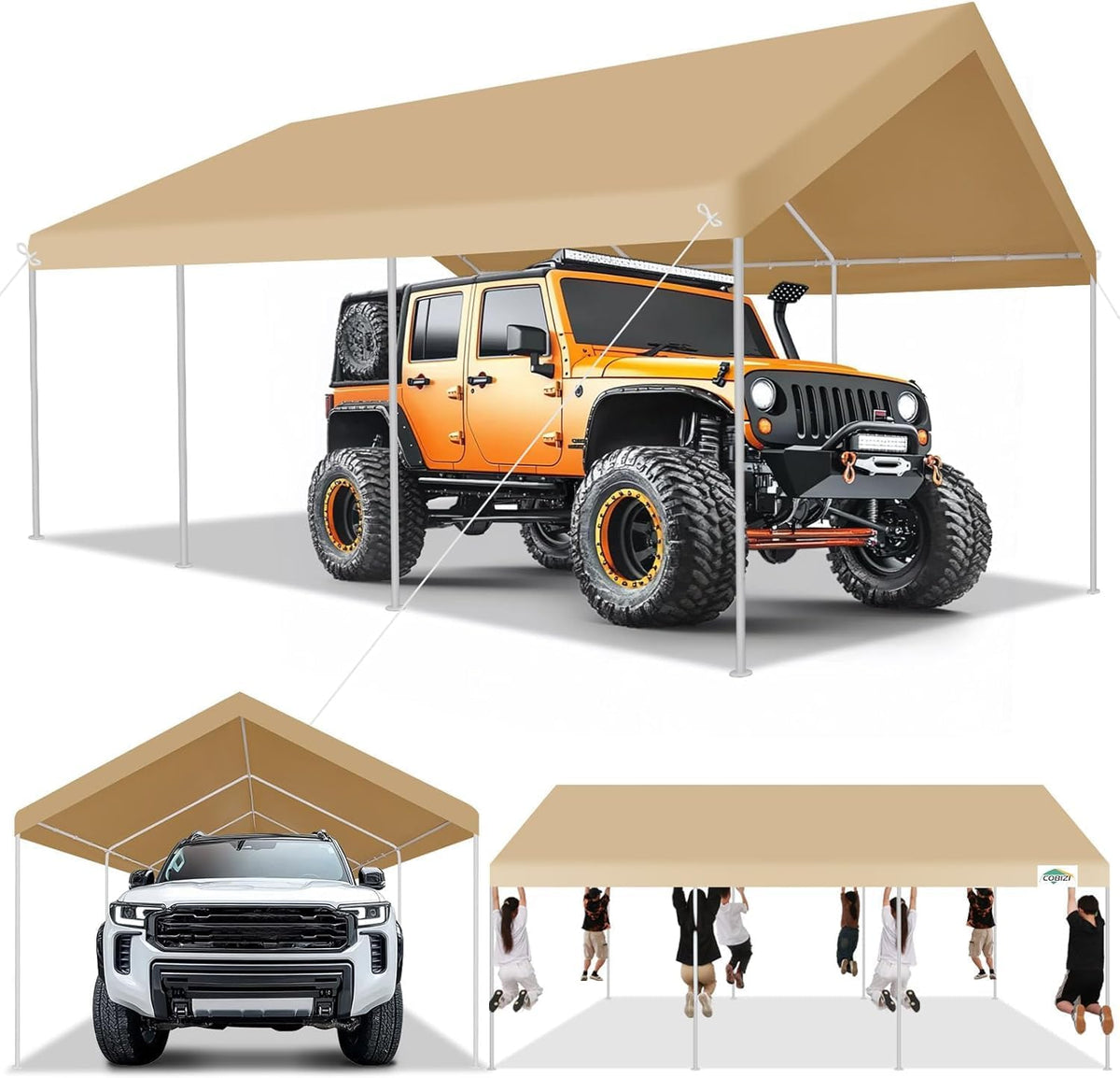 COBIZI 12x20ft Carport Heavy Duty, Portable Car Garage Outdoor Party Tent with Built-in Sandbags, Waterproof Car Canopy for Truck, Boat, SUV with All-Season Tarp, Khaki