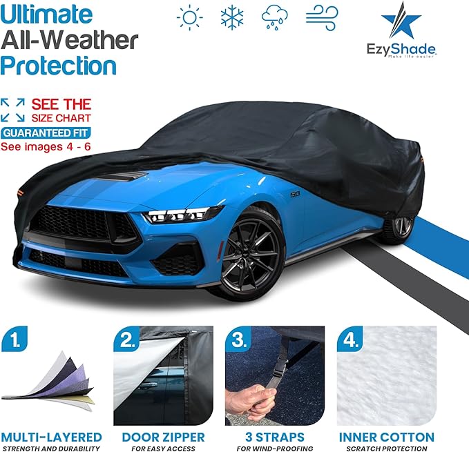 EzyShade 10-Layer Waterproof Sports Car Cover. See Vehicle Size-Chart for Accurate Fit. All Weather Full Outdoor Covers. Corvette Mustang Trans Am. Sun Snow Rain. Black, Size C4 (See SizeChart)