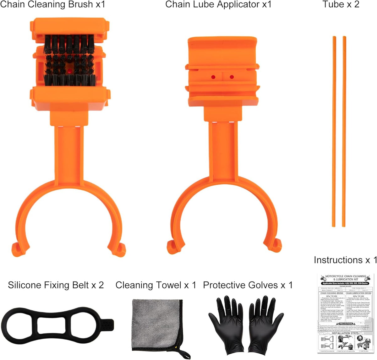 Motorcycle Chain Cleaning Kit Chain Oiler Chain Lube Tool with Gloves and Towel for Motorcycle and Bicycles Chain Brush Oiler Cleaning Kit Fits for 428 520 525 530 Chains(Cleaner Not Included)