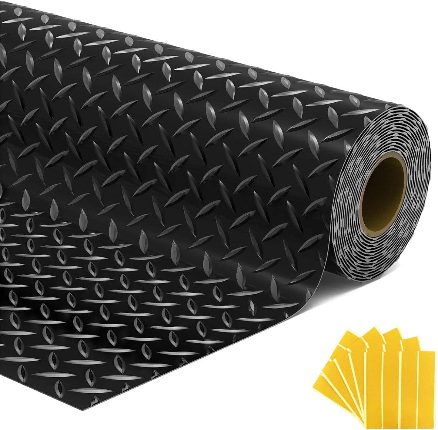 7.5x20 FT Garage Floor Mat, Flooring Roll with 20Pcs Tapes, 150 sqft Diamond Plate PVC Rubber Trailer Mat, Non-Slip Floor Mat for Garage, Warehouse, Gyms, Trailer, Pickup Truck (Black)