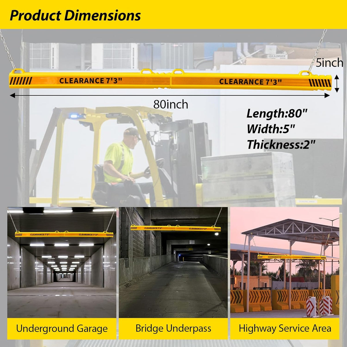 ClearanceGard 80″ x 4″ Clearance Bar Kit with 2m Height Lettering – Yellow & White Reflective Tape – Plastic Material – Ideal for Underground Garages, Tunnels, Underpasses, and Drive-Thru Canopie