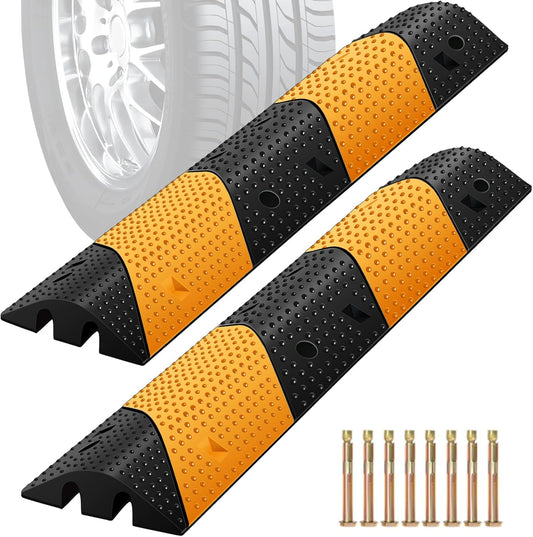 Rubber Speed Bumps for Road [2 pcs],78.7'' Total Long,66000 LBS Load Capacity,2 Channel Modular Heavy Duty Bump,Cable Protector Ramp with 8 Expansion Screws,for Asphalt Concrete Gravel Driveway