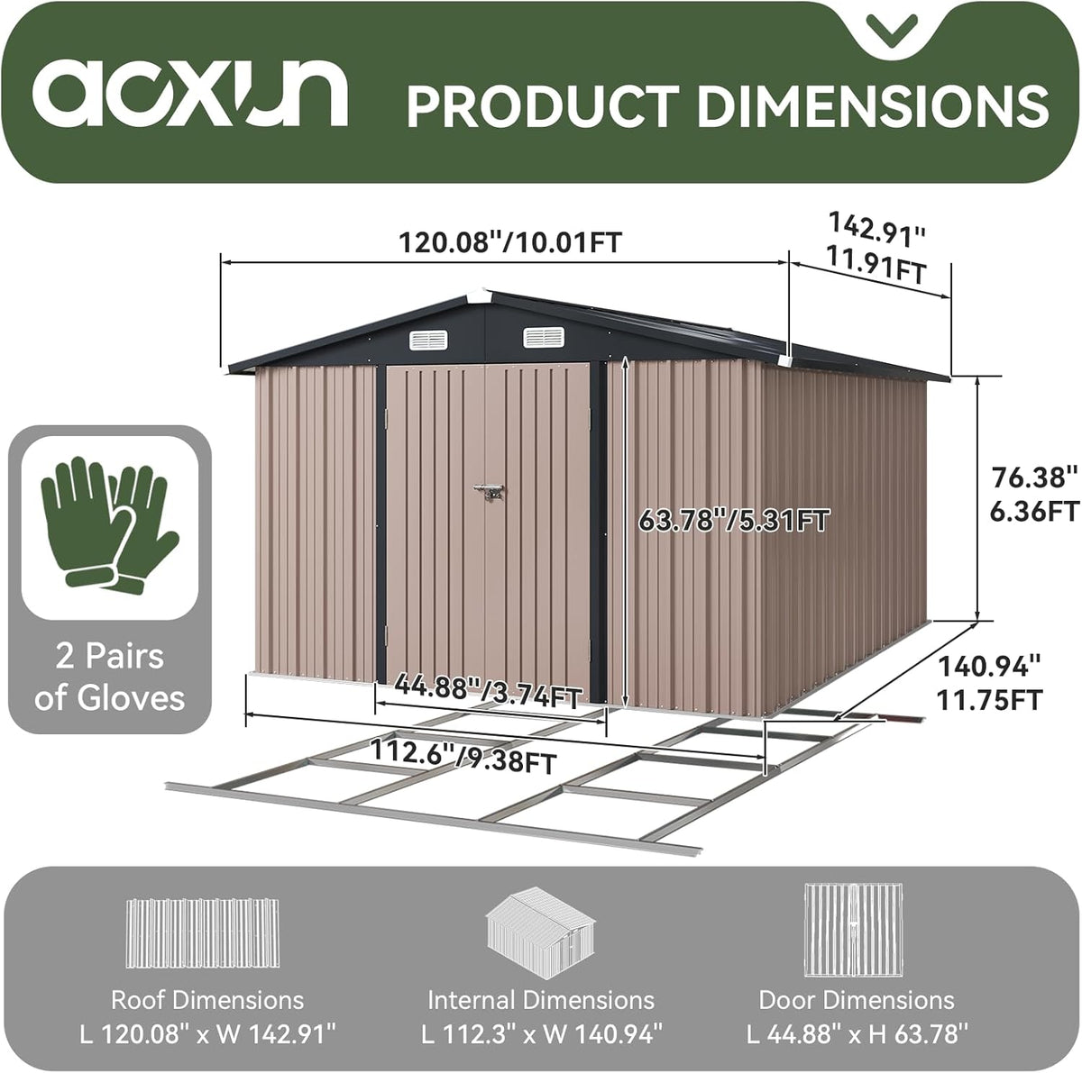 Aoxun 10 x 12FT Outdoor Storage Shed with Base Utility Garden Shed with Lockable Door & Sloped Roof Metal Sheds Outdoor Storage for Garden, Backyard, Patio and Backyard,（Brown/Base Included）