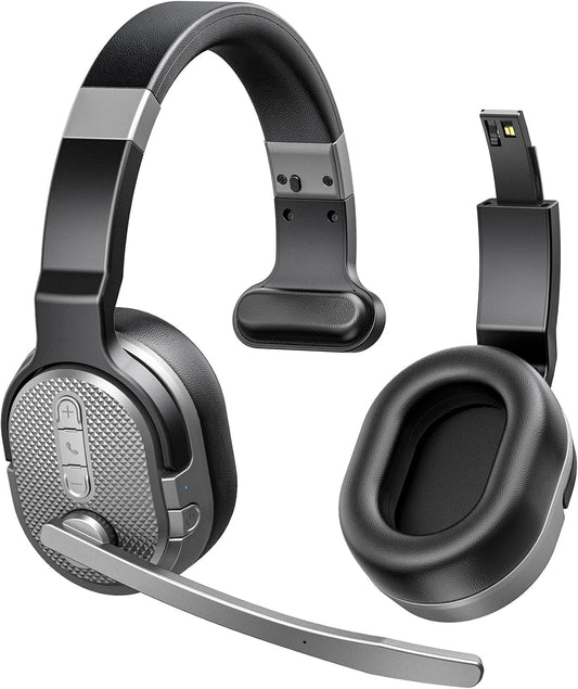 Trucker Bluetooth Headset, Wireless Headsets with Noise Cancelling Microphone, 50+Hrs HD Talktime Bluetooth Headphones with Detachable Earpad/Single+Dual Mode for Office/Driving/Home (Silver)