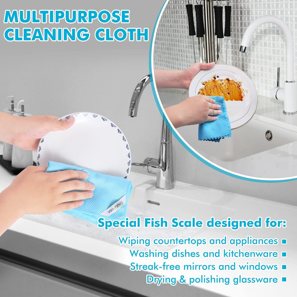 Streak Free Window Cleaning Cloth Miracle Microfiber Cloths for Glass,Kitchen,Counter,Mirror Lint Free Dish Drying Cloths Glass Polishing Rag,All-Purpose,Reusable,Fish Scale Nanoscale towel Pack of 12
