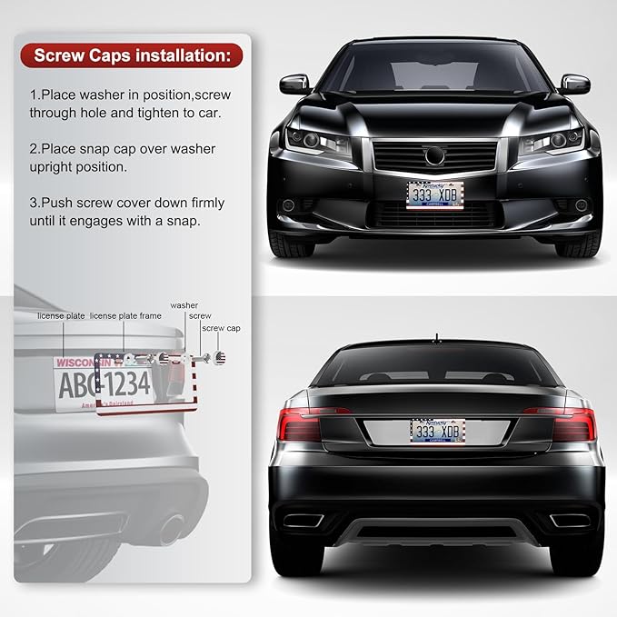 2 Pack License Plate Frames, Stainless Steel Car License Plate Cover Car Accessories with Screw Caps (Red and Blue)