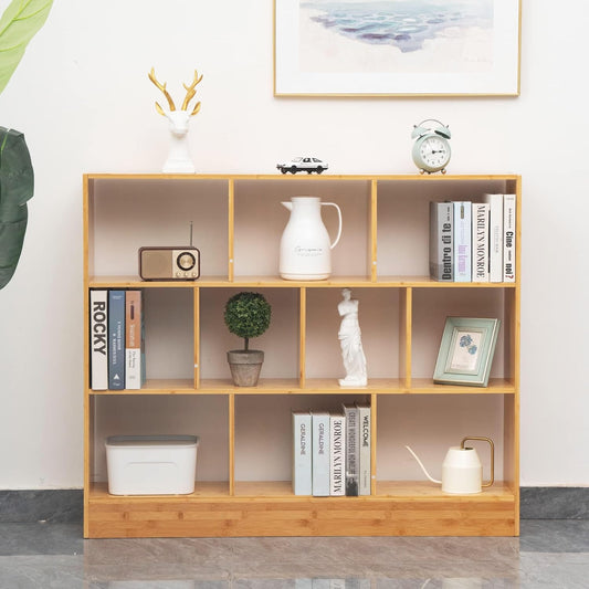 Maydear 47.24” Bamboo Bookshelf, 10 Cube Bookshelf with Base 3 Tier Open Shelf Bookcases, Freestanding Book Storage Organizer Display Shelf for Bedroom, Living Room, Home Office